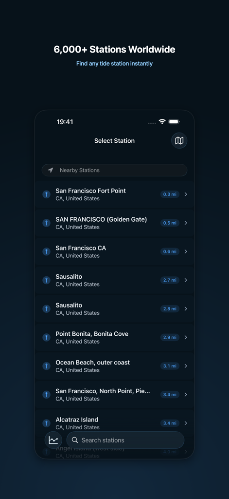 MyTides - Interface of the MyTides app showing a list of nearby tide stations in California