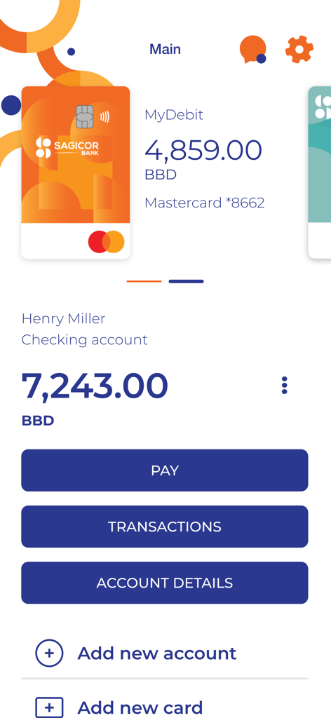 Sagicor Bank Barbados Limited - Sagicor Bank mobile app dashboard showing account balances and debit card details