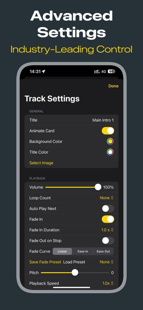Soundboard Pro - Pantalla de configuración avanzada de pistas en Soundboard Pro que muestra controles de reproducción y volumen.