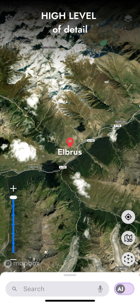 High level of detail satellite view of Mount Elbrus with topographic relief and UI navigation elements in the Globe 3D app.