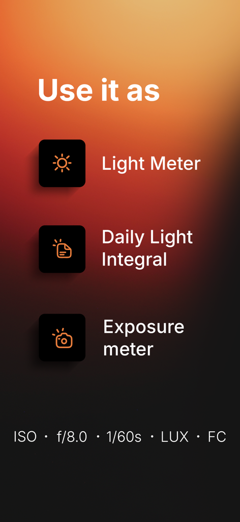 Interfaz de la aplicación Luxmeter mostrando opciones para Medidor de Luz Integral de Luz Diurna y Medidor de Exposición con configuraciones de fotografía