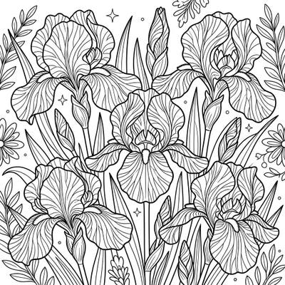 Immerse yourself in the captivating world of variegated irises with this beautifully designed coloring page. Crafted with seniors in mind, it features clear, bold lines and engaging floral details for a delightful and accessible creative experience.