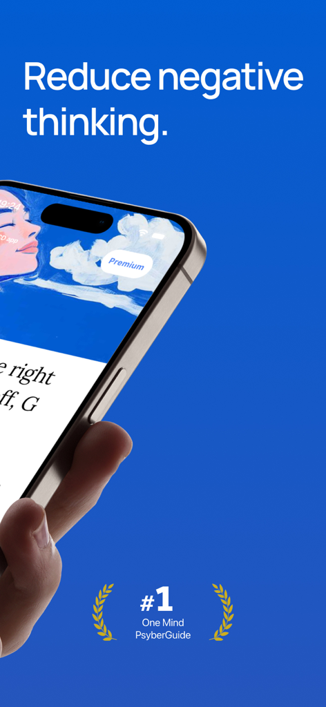 Hand holding a smartphone displaying the OCD app with the headline Reduce negative thinking and a One Mind PsyberGuide trust badge.