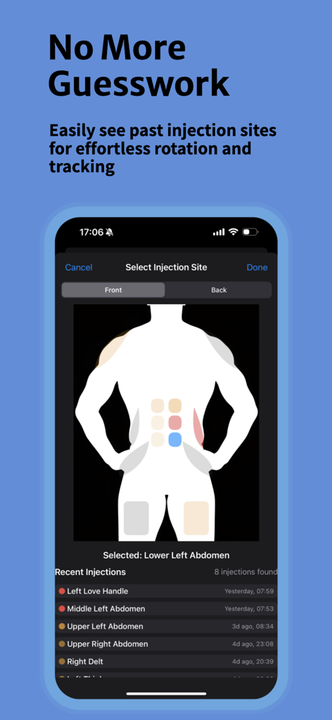 OptiPin | TRT Peptide Tracker - OptiPin app interface showing a body diagram for selecting and tracking injection site rotation