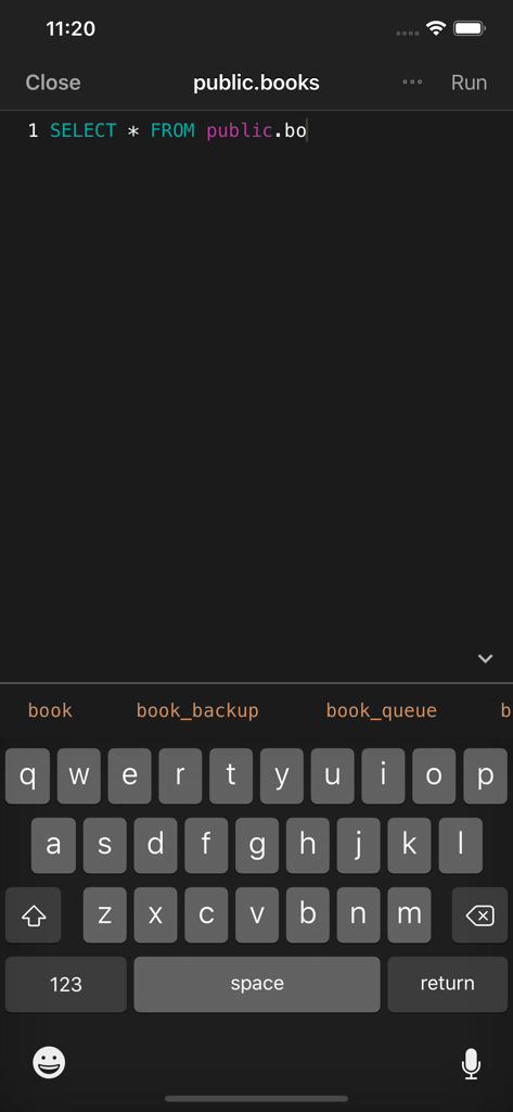Editor de SQL móvel com realce de sintaxe e preenchimento automático Intellisense para tabelas de banco de dados Postgres