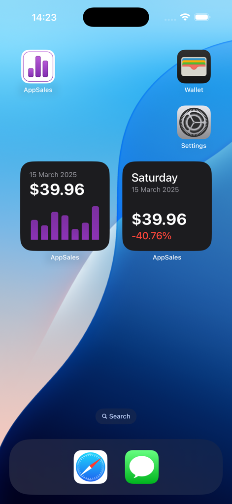 Écran d'accueil de l'iPhone affichant les widgets AppSales avec des graphiques de revenus quotidiens et de performance des applications