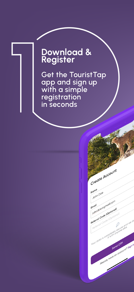 Tourist Tap - Registration screen for the Tourist Tap app showing create account fields