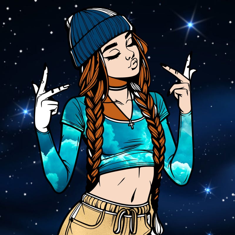 realistic teenage girl with braids and a beanie and crop top doing 🫶🏼