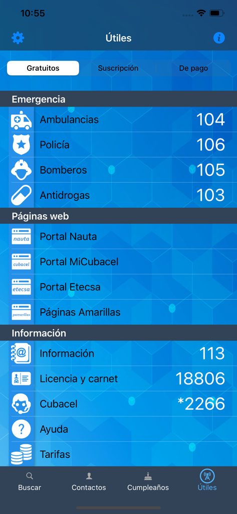 Captura de ecrã do menu Utilitários na aplicação CallerID mostrando números de emergência cubanos e portais de serviços como Nauta e Etecsa
