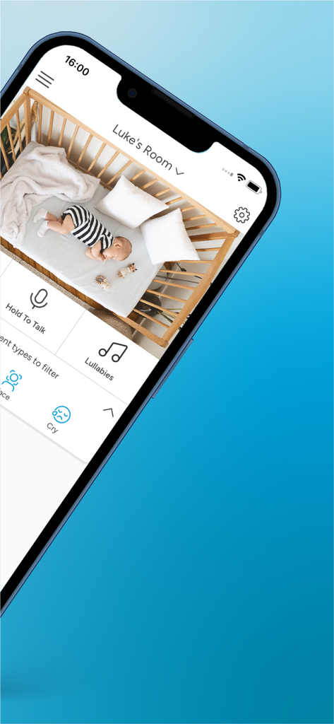 자고 있는 아기의 Invidyo 앱 라이브 비디오 피드, 양방향 오디오 및 자장가 제어 기능이 있는 스마트폰 화면