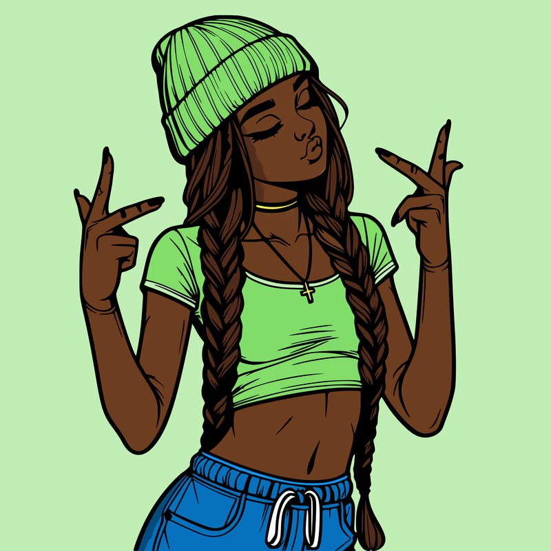 realistic teenage girl with braids and a beanie and crop top doing 🫶🏼