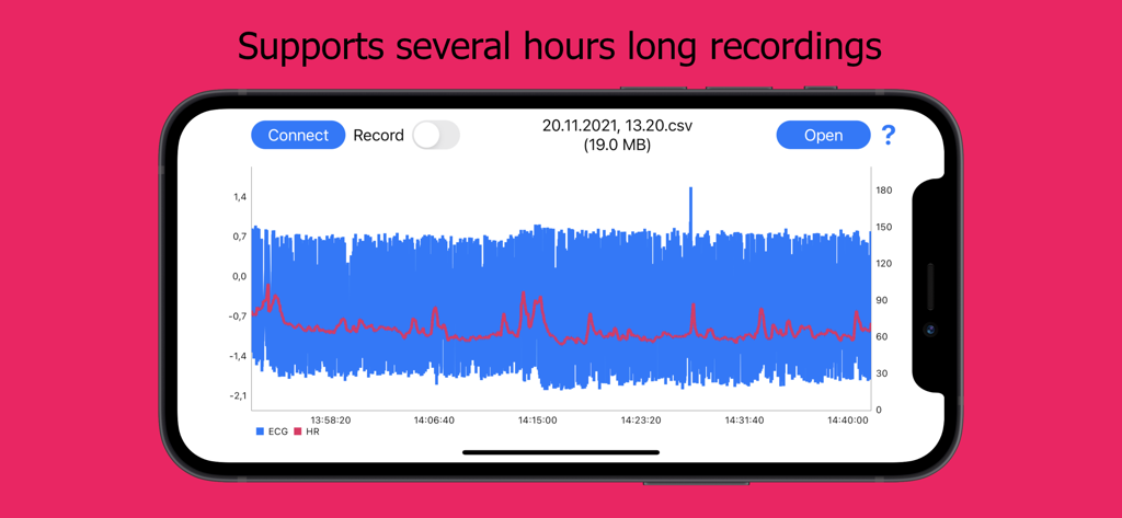 ECG Logger for Polar H10 - ECG Logger app interface on a smartphone showing heart rate and ECG graph for a long recording session