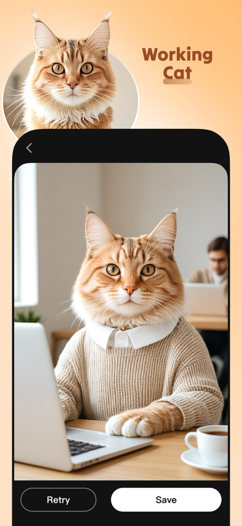 AI-generated ginger cat dressed in human office clothes sitting at a desk with a laptop and coffee labeled Working Cat