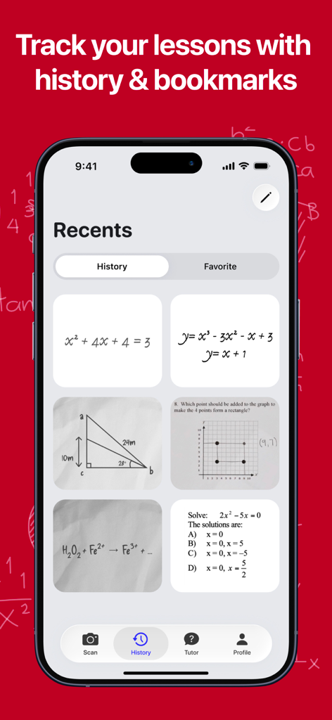 MathGPT Math Solver & Homework - MathGPT app interface showing history of solved math equations and geometry problems
