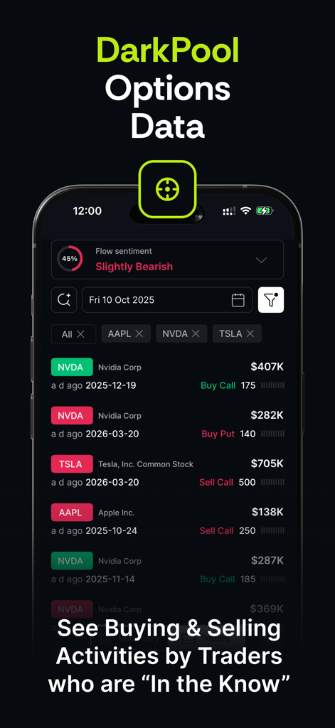 TradeVision - TradeVision mobile app screen showing darkpool options data and flow sentiment for US stocks