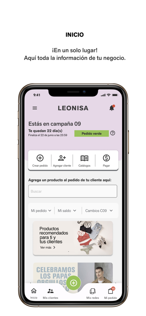 Negocio Leonisa app home screen showing campaign status and business management tools