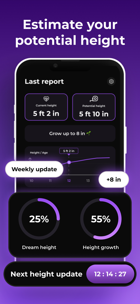 Interface of Tallex app showing current and potential height estimation with progress tracking charts