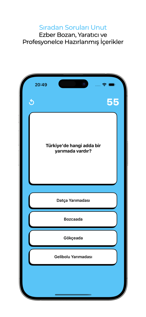Cuspart: Soru Cevap - Eine mobile Quiz-Schnittstelle mit einer Geografiefrage in türkischer Sprache und Antwortmöglichkeiten mit Mehrfachauswahl.