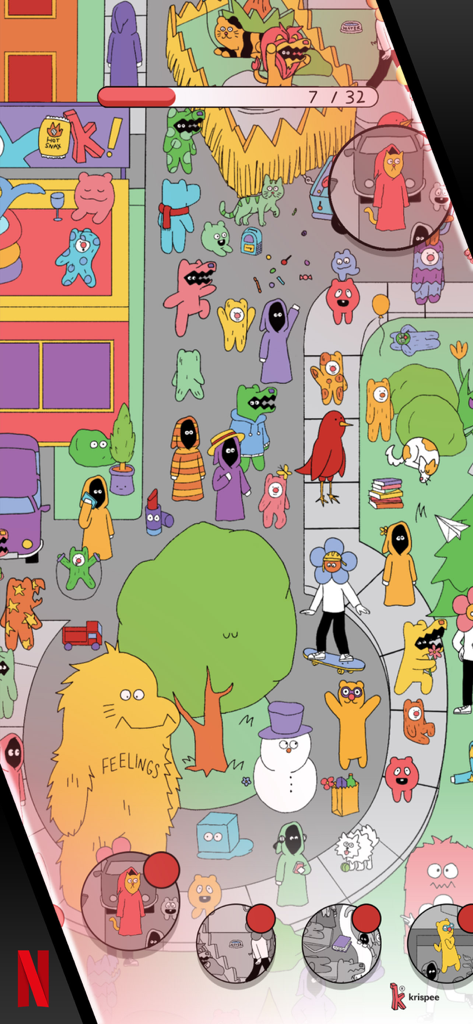 Krispee Street - A colorful hidden object game scene from Krispee Street with unique hand drawn characters