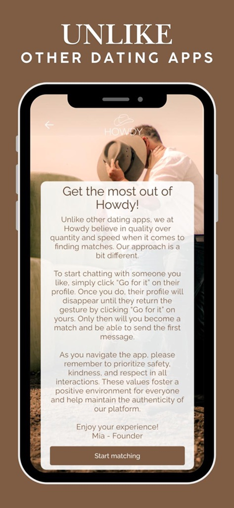Howdy Global - Pantalla de incorporación de la app Howdy Global destacando la calidad sobre la cantidad y la seguridad para citas rurales