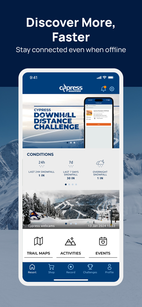 Cypress Mountain app home screen showing snow conditions and trail maps