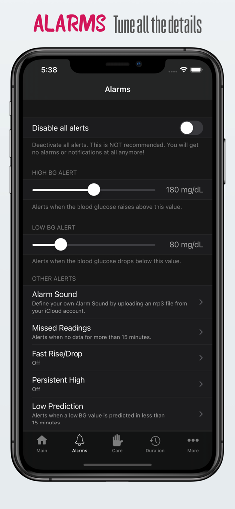nightguard - Nightguard app interface showing customizable blood glucose alarm settings for high and low levels.