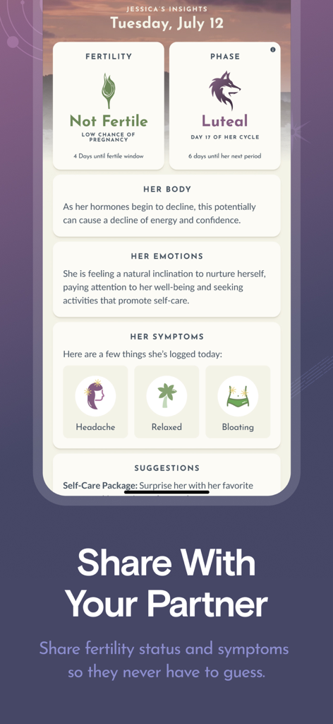 Interface of the 28 app showing cycle insights shared with a partner including fertility status phase and symptoms