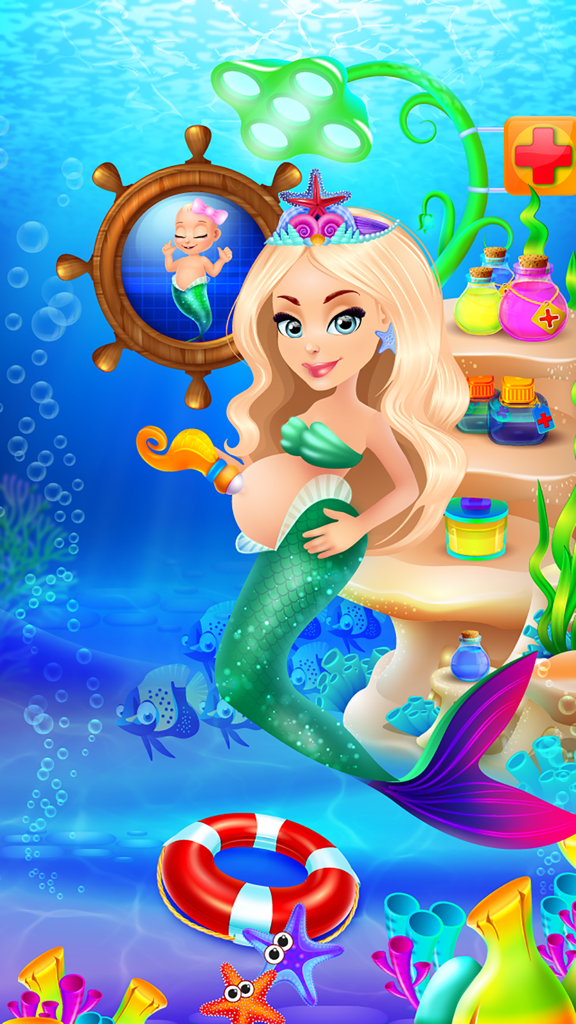 Mermaid Life - Family Story & Dressup Girls Games - Un personaje de sirena embarazada en una sala médica submarina con un retrato de una sirena bebé y pociones de colores.