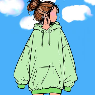 realistic girl with a oversized sweatshirt on and a bun