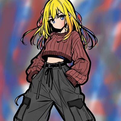 anime teen girl with baggy pants and crop top with sweater