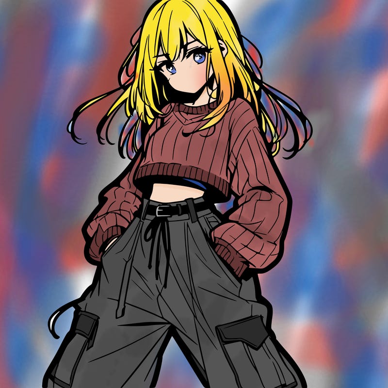 anime teen girl with baggy pants and crop top with sweater
