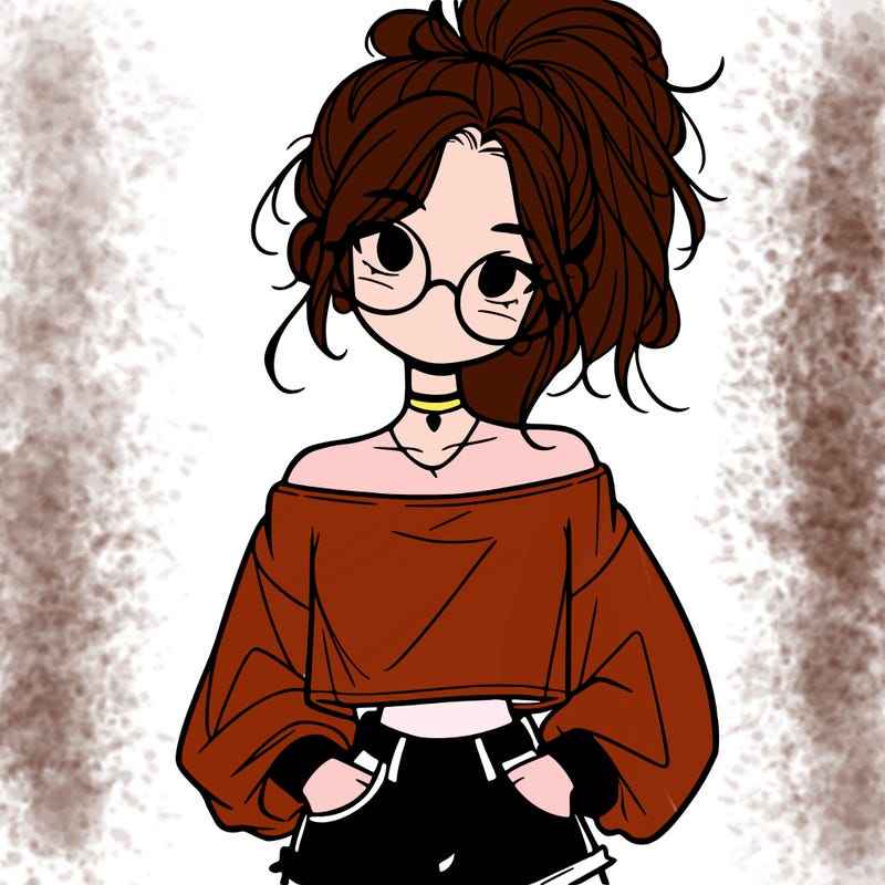 girl with a messy ponytail glasses a baggy crop top and jean shorts