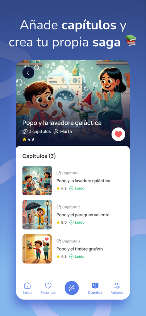 MiniTales: cuentos para peques - Interfaz de la aplicación MiniTales que muestra una saga de historias personalizadas con múltiples capítulos para niños