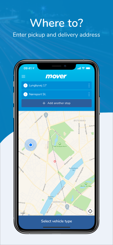Tela de smartphone mostrando a interface de seleção de endereço do aplicativo Mover com um mapa da cidade
