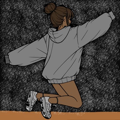 realistic girl jumping with a bun and oversized sweatshirt