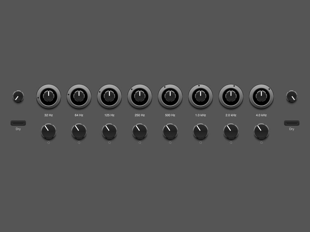 EQ10 AUv3 Equalizer - EQ10 AUv3 Equalizer app interface featuring multiple frequency and Q adjustment knobs on a dark grey background.
