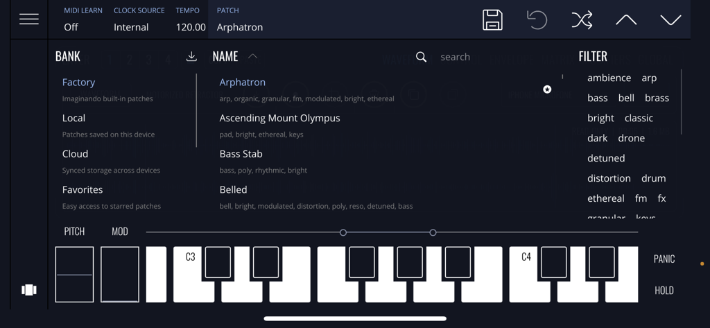 FRMS Granular Synthesizer patch browser displaying sound categories and filters