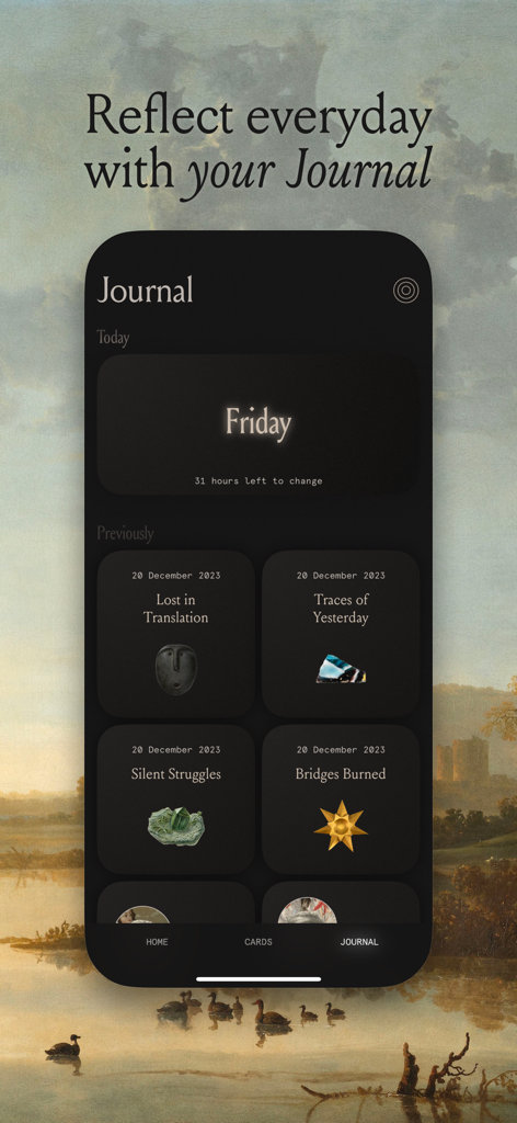 L'écran de l'historique du journal de l'application de pleine conscience Deste présentant une interface esthétique sombre avec des tuiles de réflexion quotidienne et des icônes artistiques