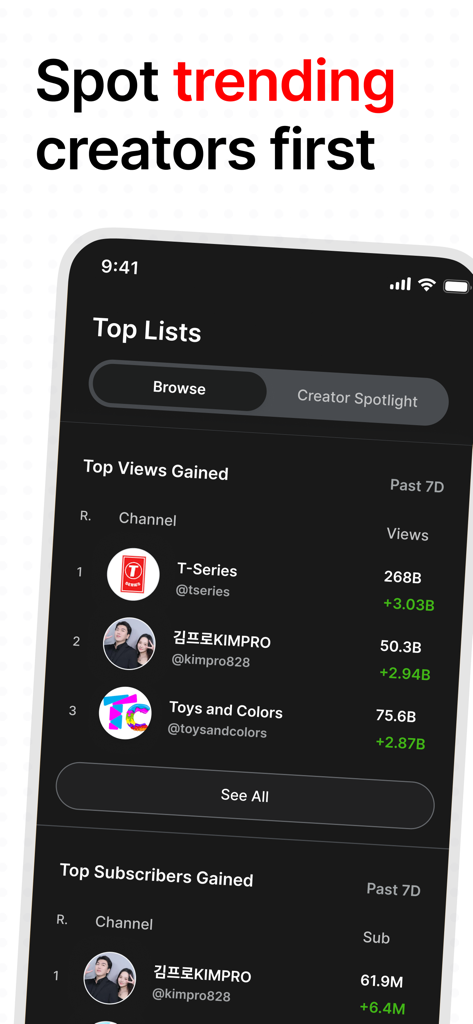 Viewstats app showing top lists of trending YouTube creators by views and subscriber gains