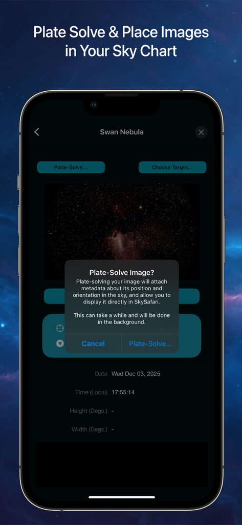 SkySafari 8 Plus - SkySafari 8 Plus interface showing the plate solving feature for the Swan Nebula on a smartphone screen