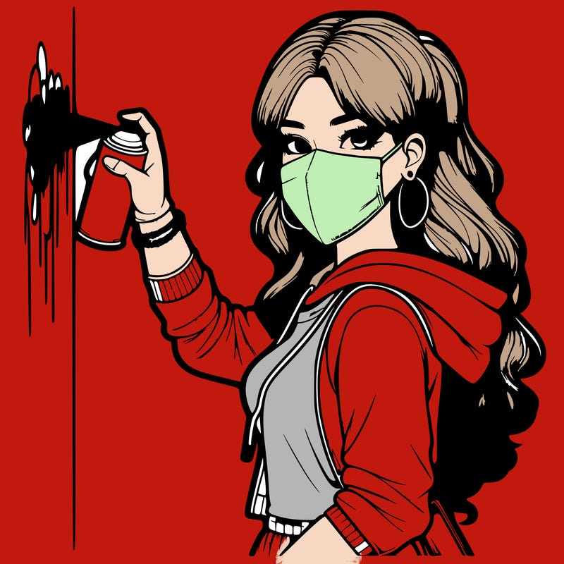 realistic girl with mask spray painting a wall