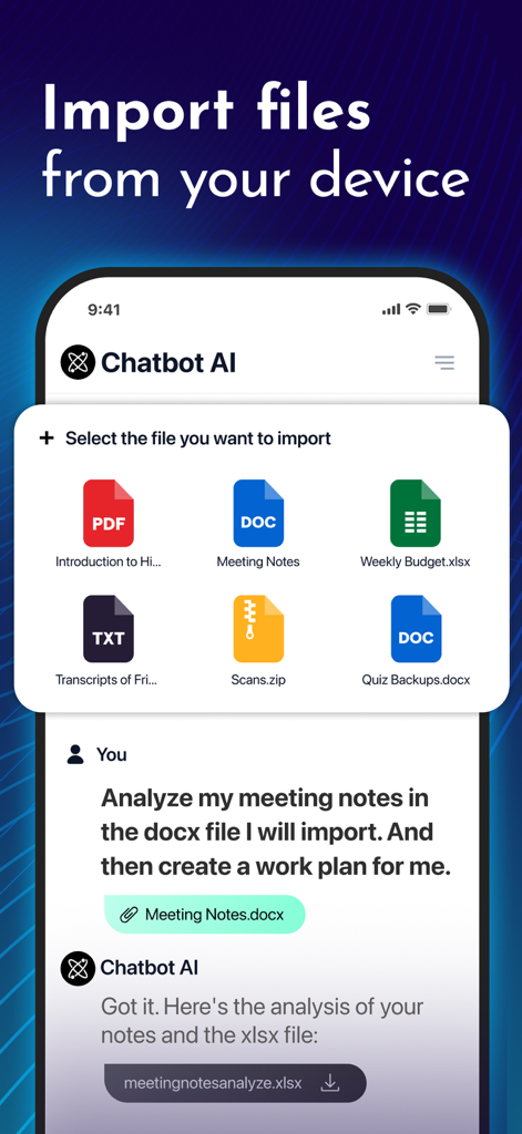 Chatbot AI - Smart Search Bot - Interfaz de Chatbot AI mostrando opciones de importación de archivos y capacidades de análisis de documentos.