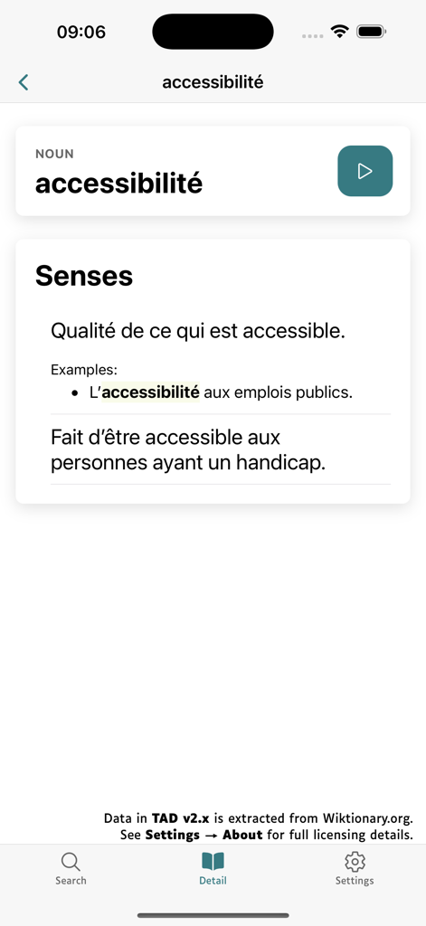 Aplicación de diccionario TAD que muestra la definición y las oraciones de ejemplo para la palabra francesa "accessibilite"