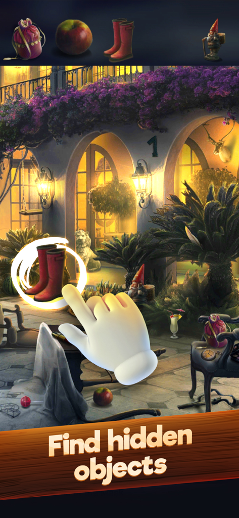 Hidden Objects: Find them all - A hand pointing at hidden red boots in a detailed garden puzzle scene