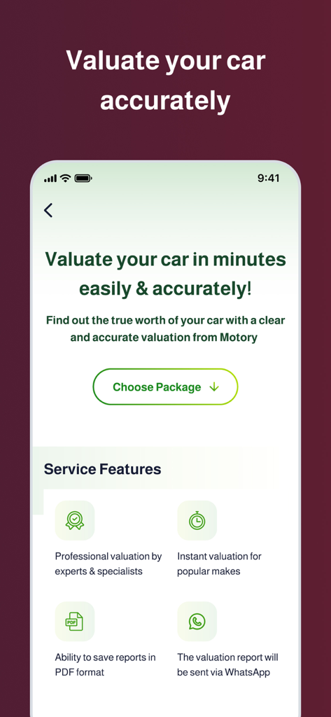 Motory - Cars For Sale Online - Motory app screen showing the car valuation feature and service benefits