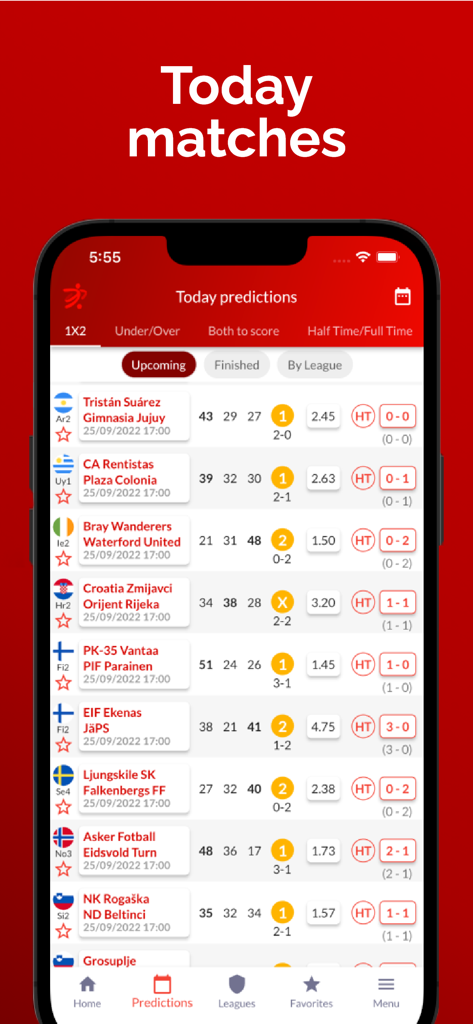 Forebet Football Predictions - Forebet mobile app screen showing mathematical soccer predictions and probabilities for today's matches