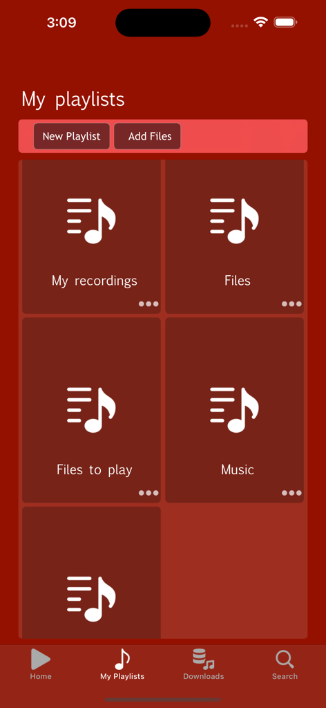 Audio Player - Play Music - A screen from the Audio Player app showing the My Playlists section with categories like My recordings and Files.