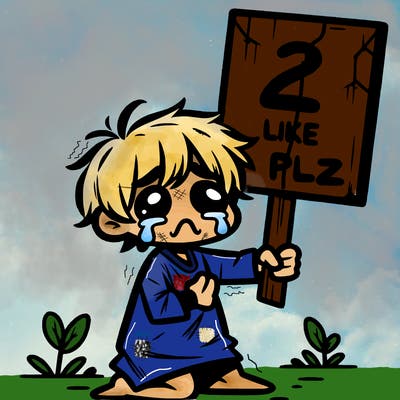 small poor toddler crying with sign that says 2 like plz