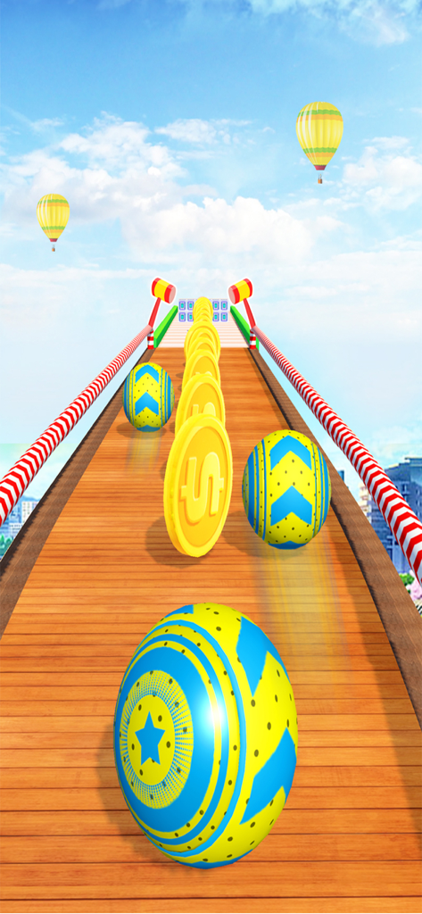 Crazy Balance Rolling Ball 3D - A blue and yellow patterned ball rolling on a wooden track in the sky collecting gold coins