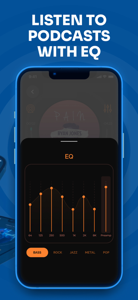 Interface de l'égaliseur de podcast de l'application Headphones and Speaker Connect sur l'écran d'un smartphone